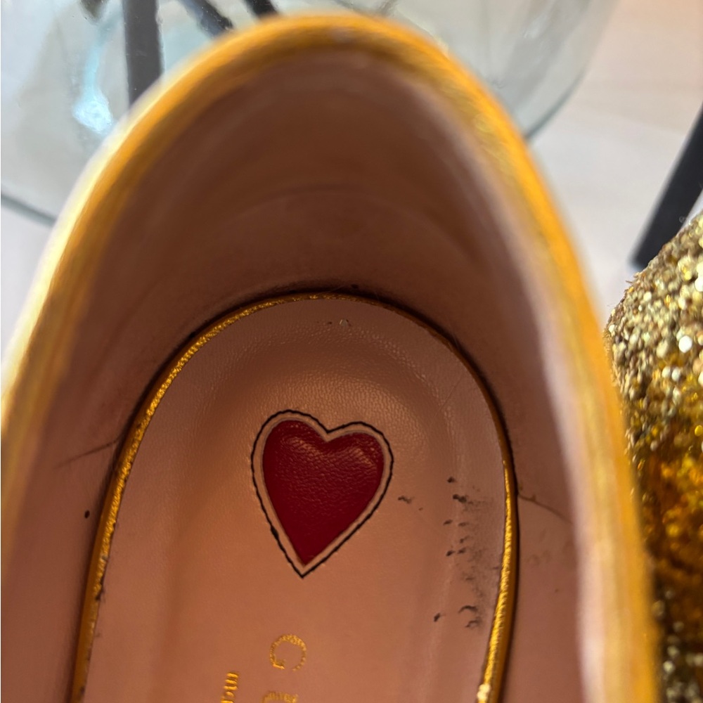 Gucci Glitter Gold Loafers with Red Heart and Blue Stripe - Picture 11 of 11